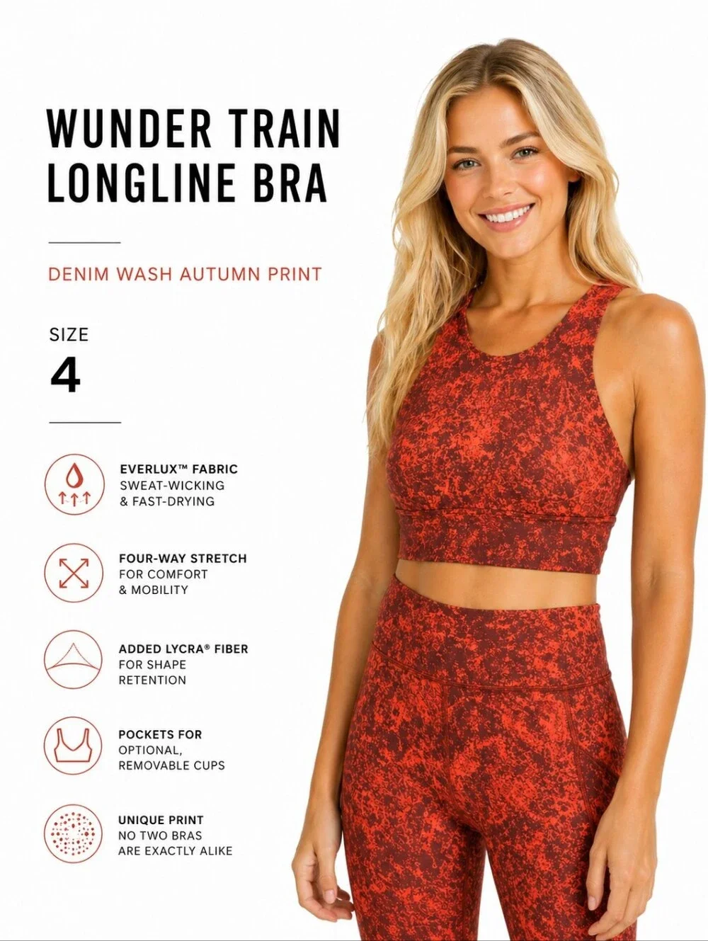 Lululemon Wunder Train Longline Bra Denim Wash Autumn Print Size 4